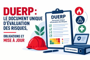 DUERP : checklist des risques professionnels avec casque de s&eacute;curit&eacute; et pictogrammes incendie, danger, premiers secours