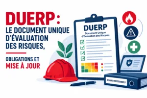 DUERP : checklist des risques professionnels avec casque de sécurité et pictogrammes incendie, danger, premiers secours
